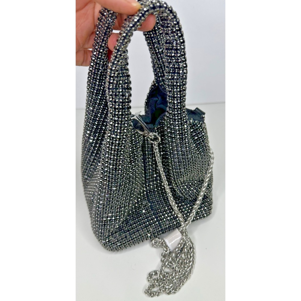 Rhinestone Encrusted Studded Purse Crossbody Silver Tone Dressy Evening NEW